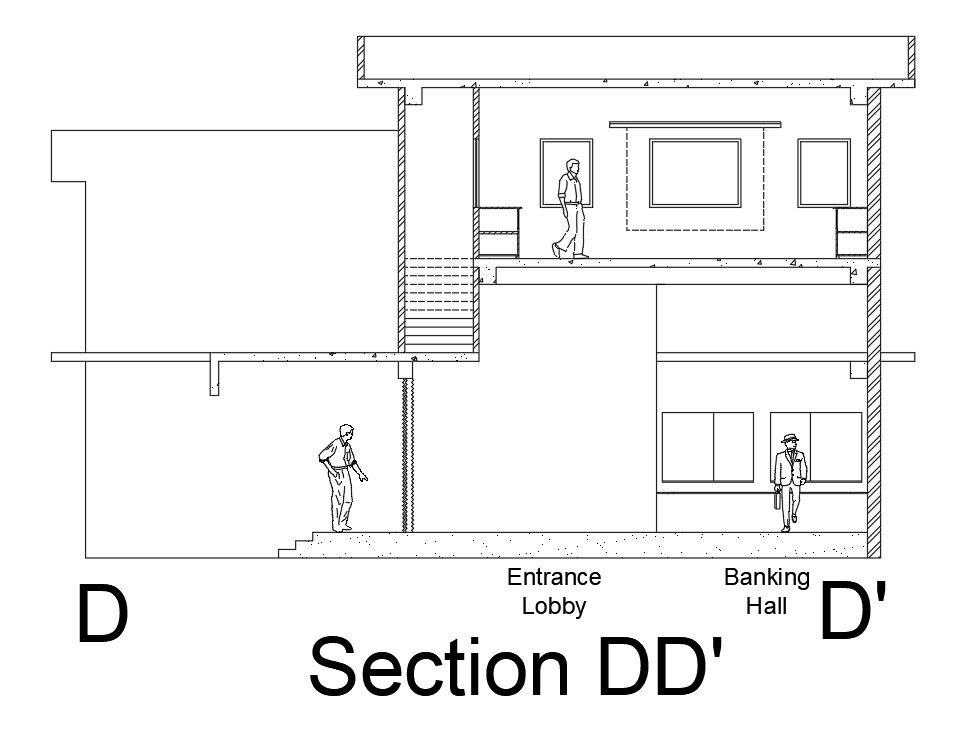 Right side section view of 21x14m bank building is given in this Autocad drawing file.Download the Autocad model.