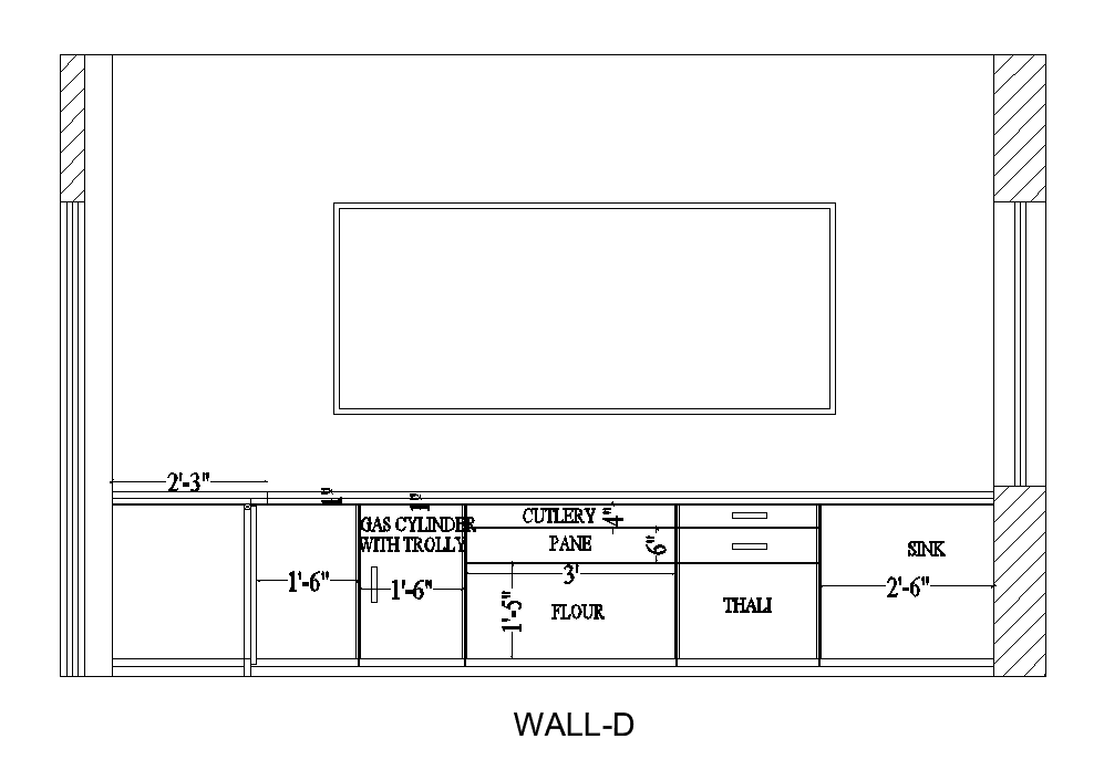 Right side section view of 23’x14’ kitchen room has been given in this Autocad drawing file. Download now.