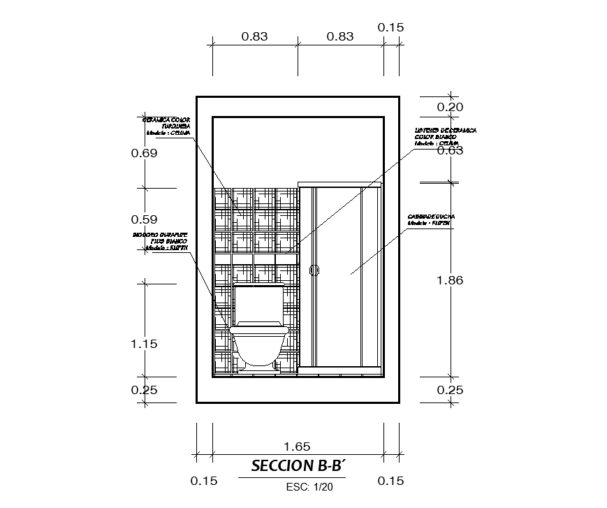 Right side section view of 2.8x2m bathroom is given in this AutoCAD drawing model.Download the Autocad model.