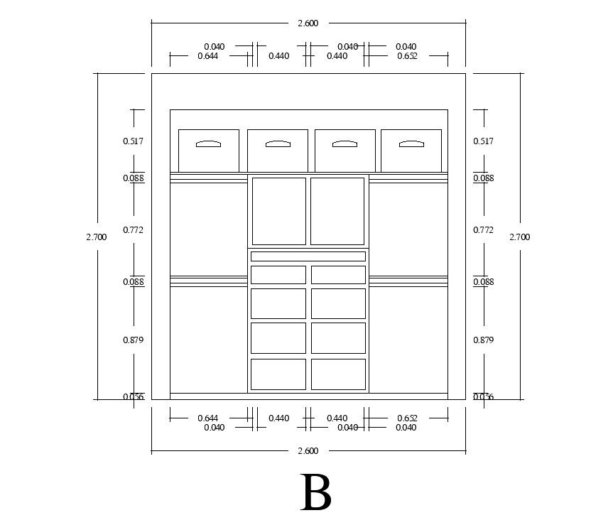 Right Side Section View of 4x2m Dressing Wardrobe in AutoCAD DWG File