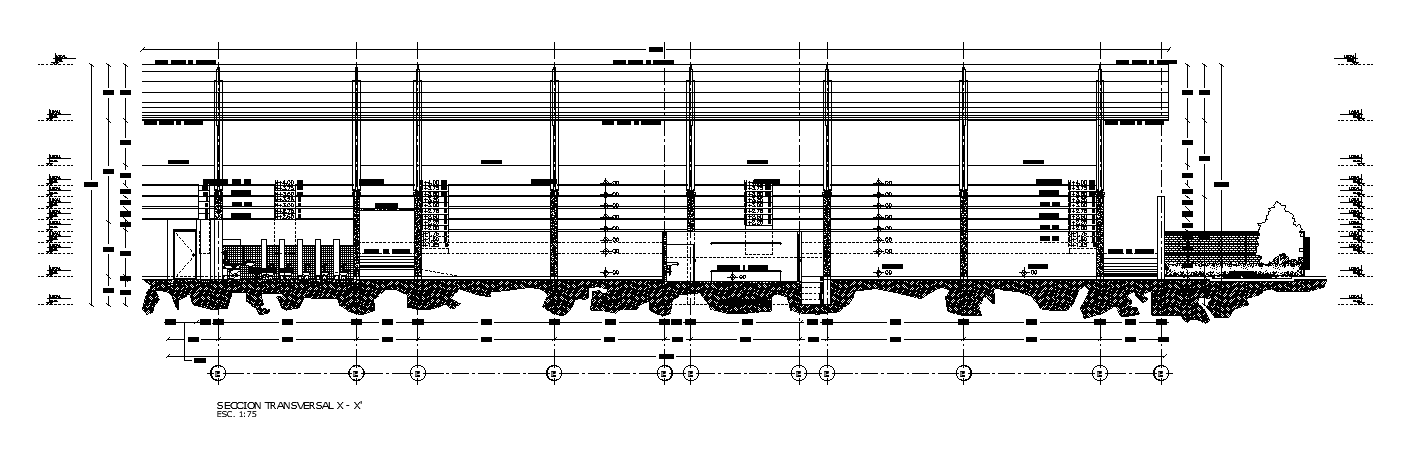 Right side section view of 50x46m shopping mall is given in this AutoCAD drawing model. Download now.