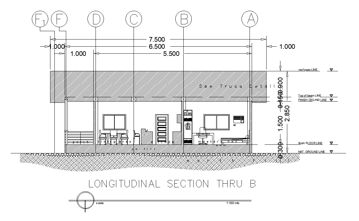 Right side section view of 7x13m residential building is given in this AutoCAD drawing model. Download now.