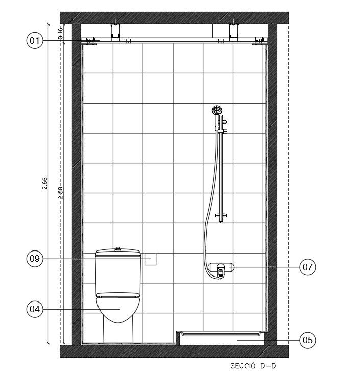 Right side section view of 8’x5’ bathroom building is given in this Autocad drawing file.Download now.