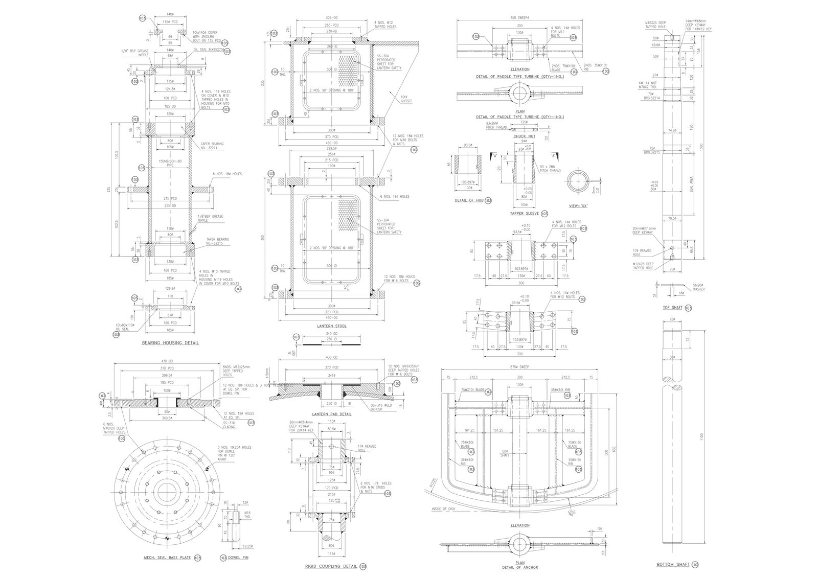 Rigid coupling detail lantern detail Paddle type Turbine detail and detail of Anchor with section DWG AutoCAD file