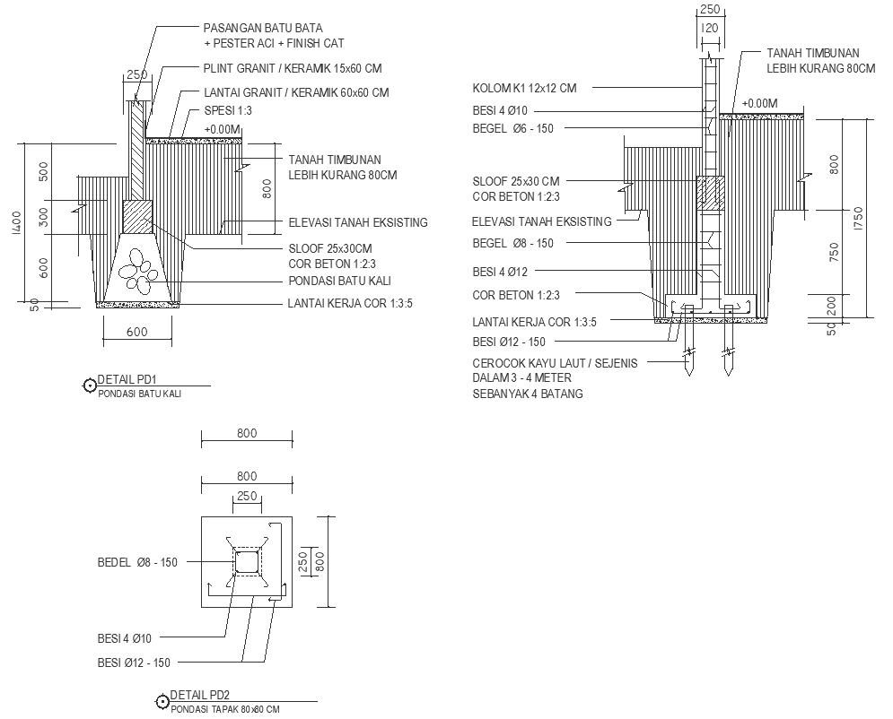 Riverside stone foundation detailed plan and sections DWG AutoCAD drawing