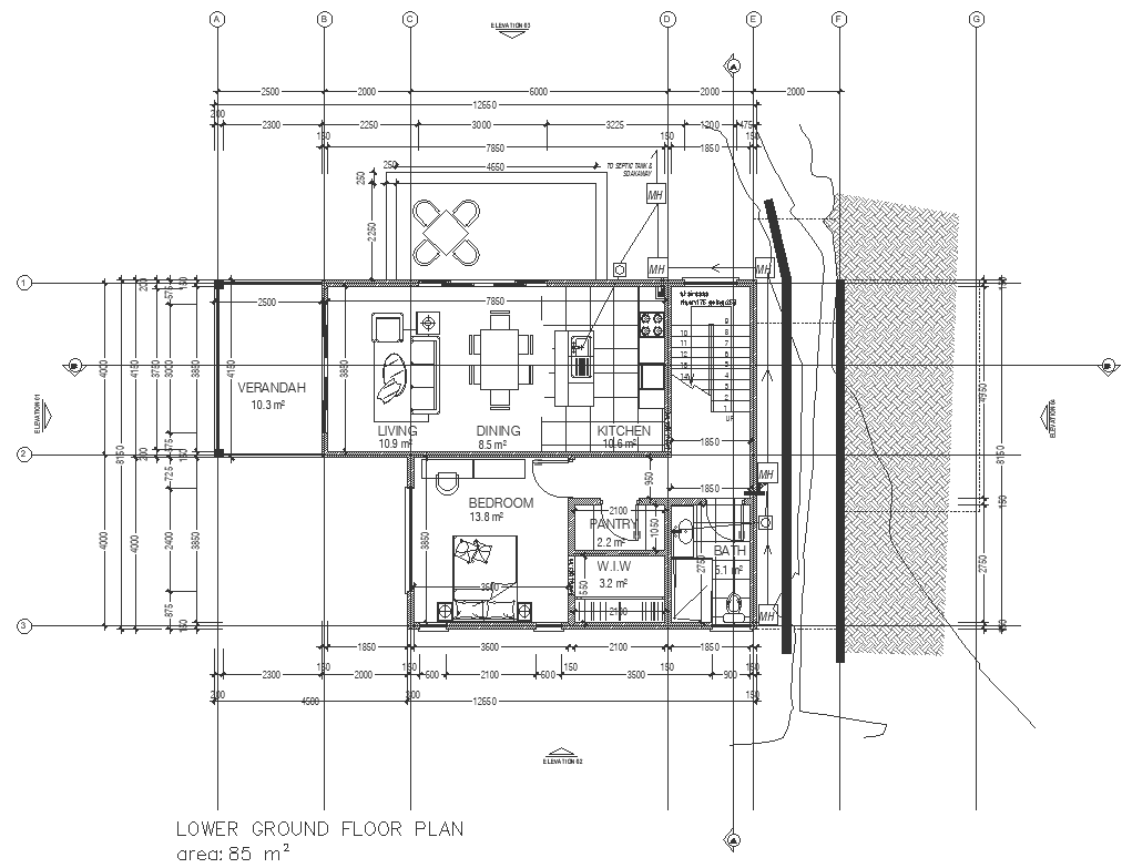River view house plan with furniture layout and center line dwg autocad drawing .