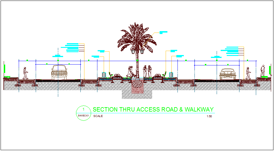 Road and walk way section view dwg file