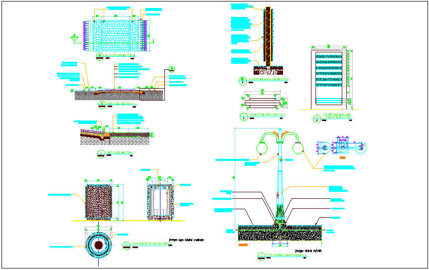 Road design with sped table,street light and concrete bin detail dwg file