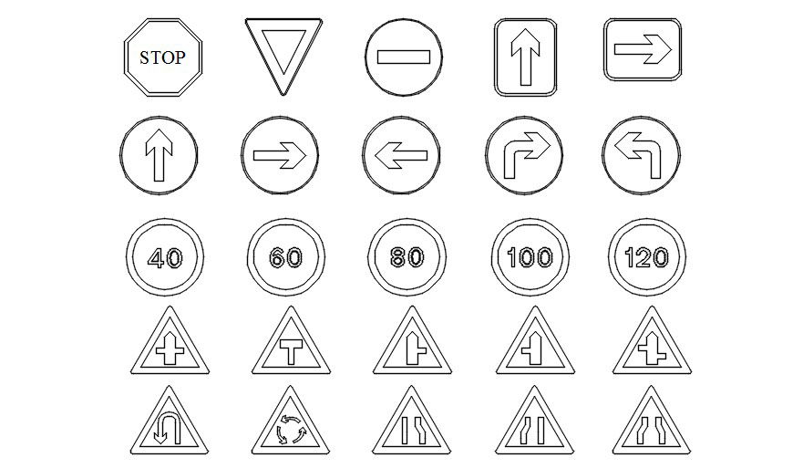 Road sign symbols design in AutoCAD 2D drawing, CAD file, dwg file