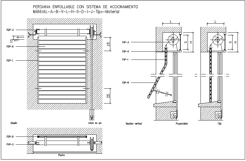 Rolled shutter door design view with plan and sectional view dwg file
