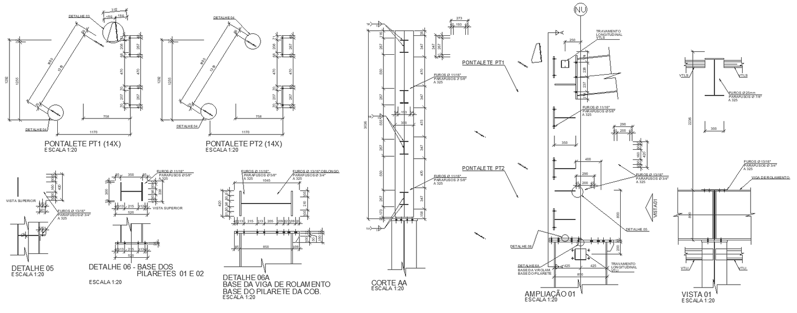 Rolling beam base and section and elevation detail DWG autoCAD drawing