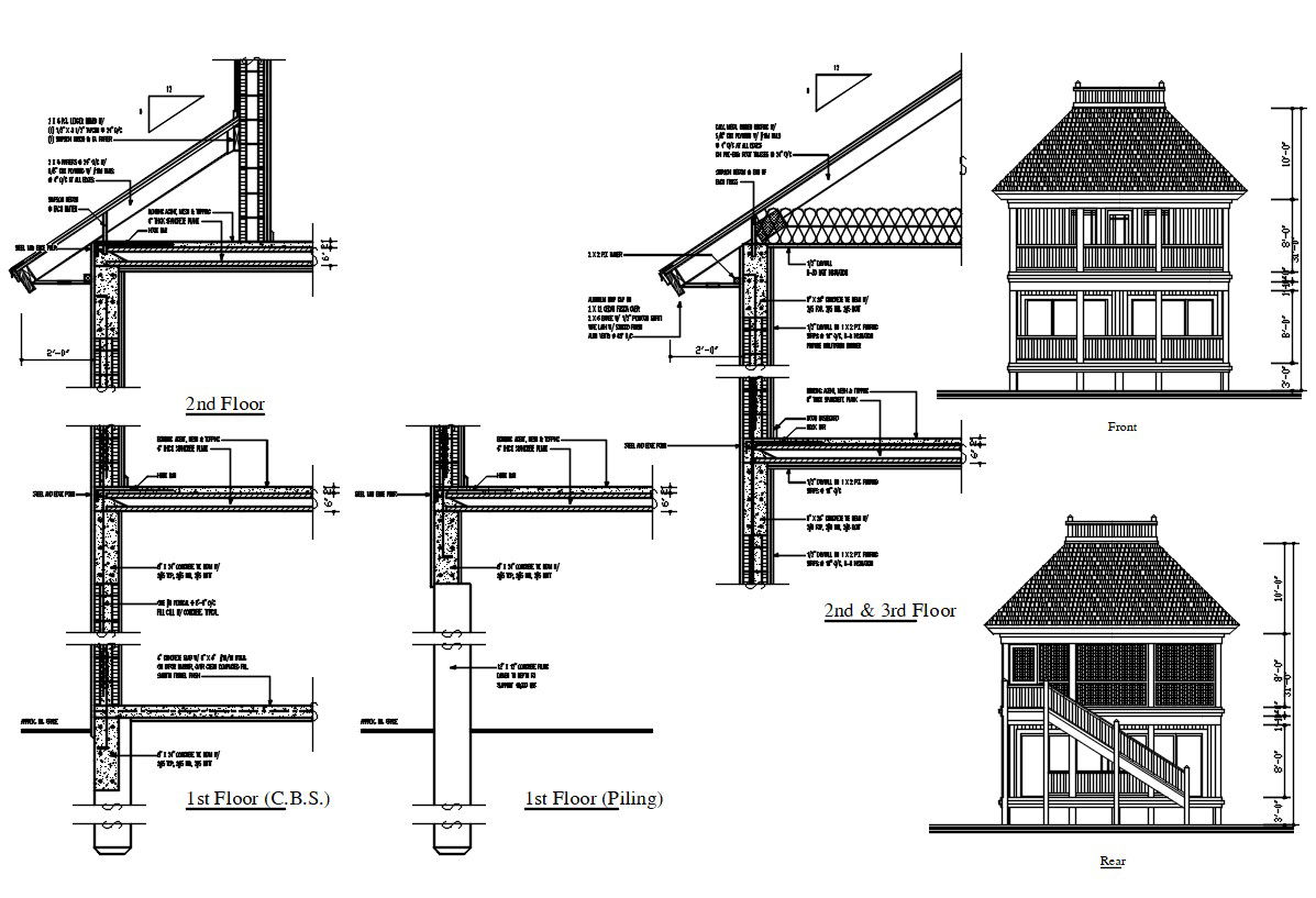 Roof Section And Elevation CAD Drawing