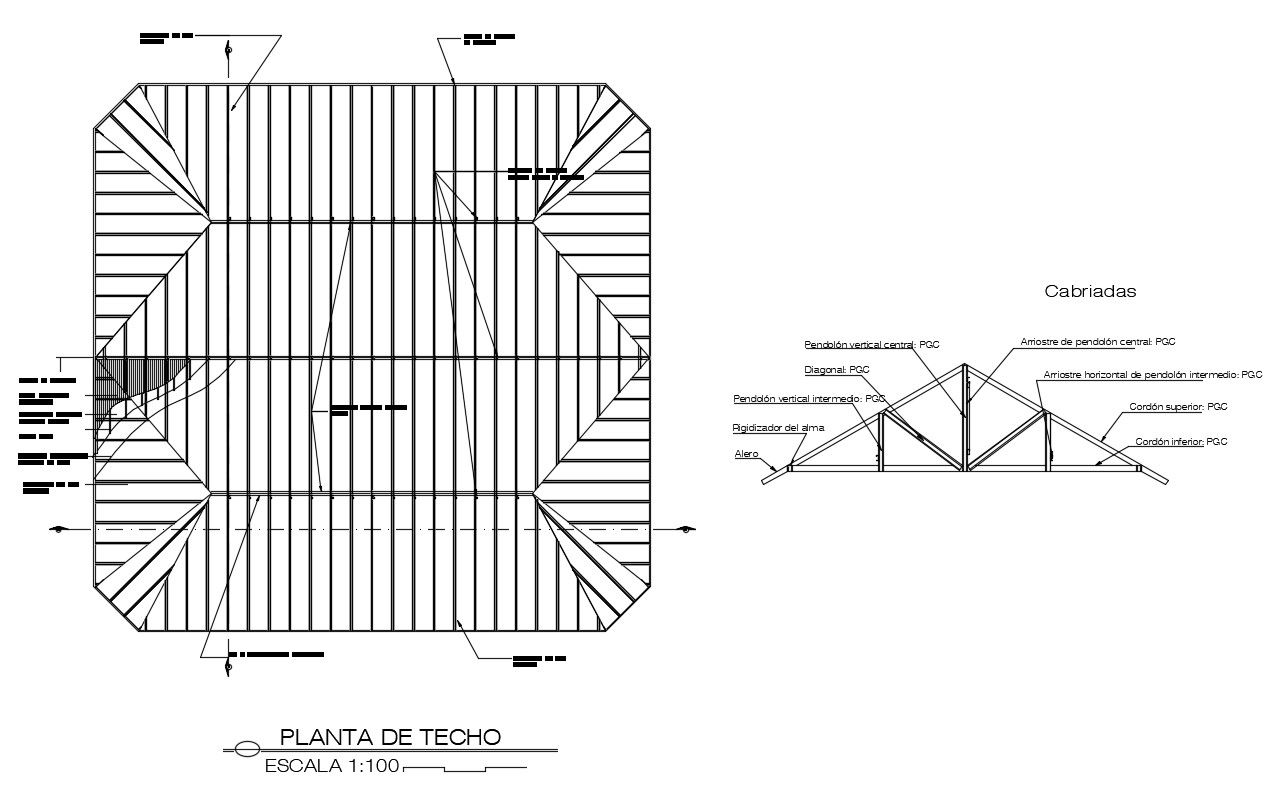Roof covering and structural details 2d view dwg file