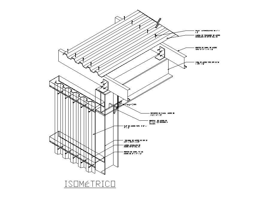 Roof isometric structure and construction details dwg file
