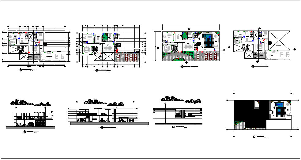 Roof plan,floor plan and elevation view of house dwg file