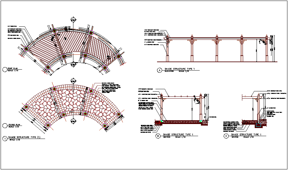 Roof plan and paving plan with shade structure dwg file