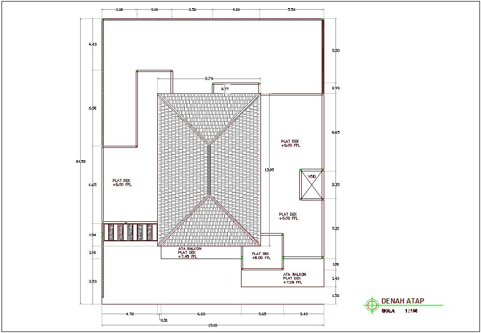 Roof plan of office area with architectural view dwg file