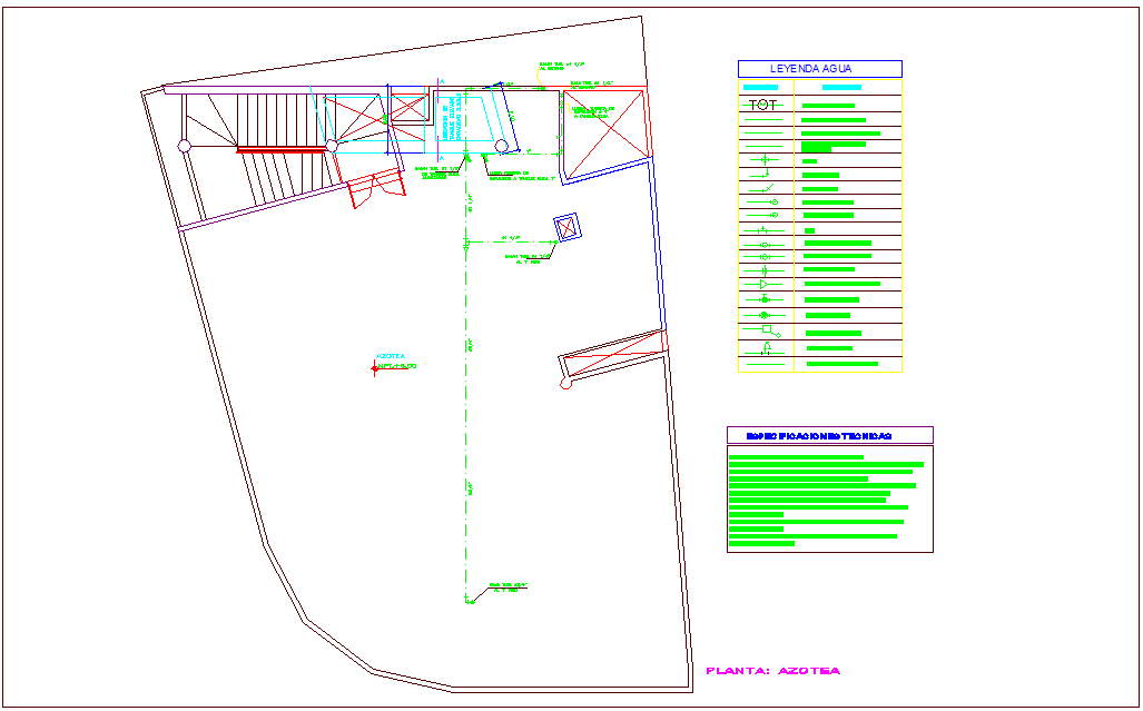 Roof plan with cold water line with its legend for commercial building dwg file