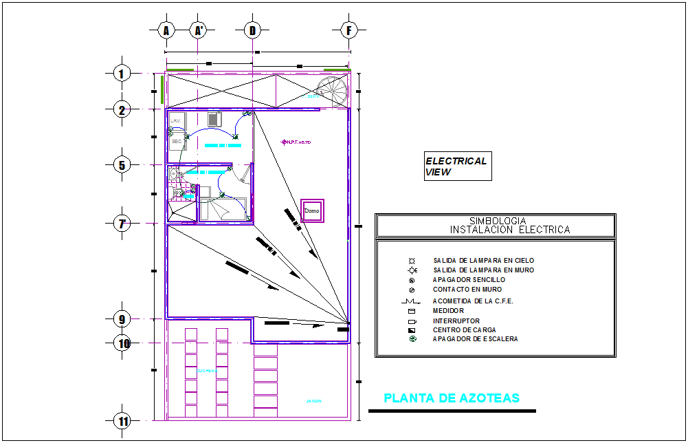 Roof plan with electrical installation view with legend for house dwg file