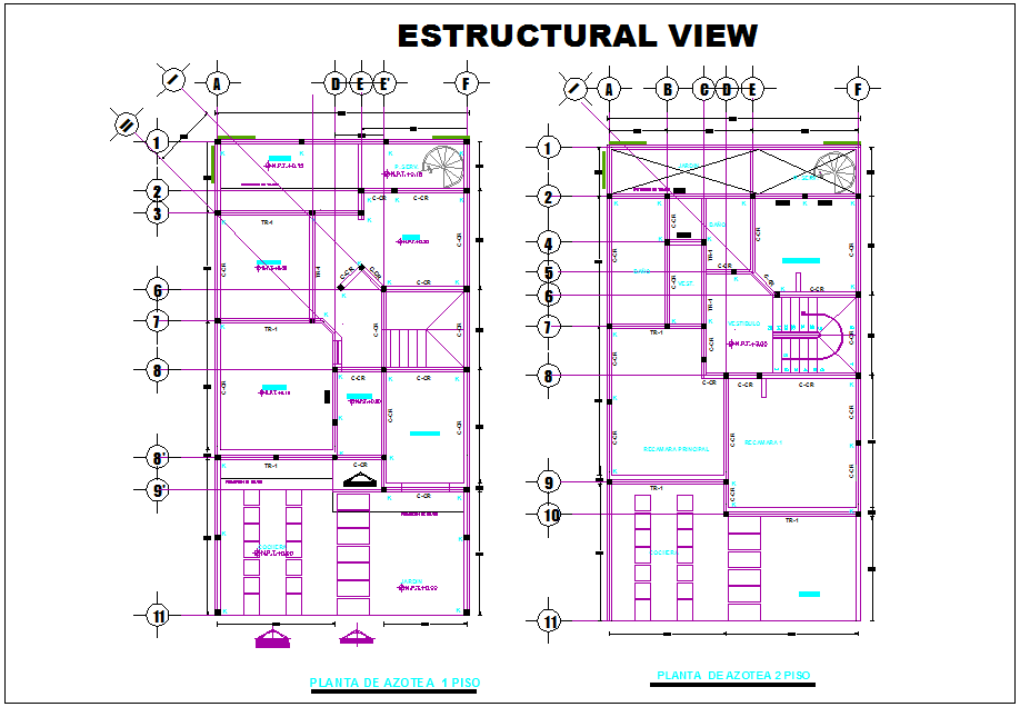 Roof plan with first and second floor plan with structure view for house dwg file
