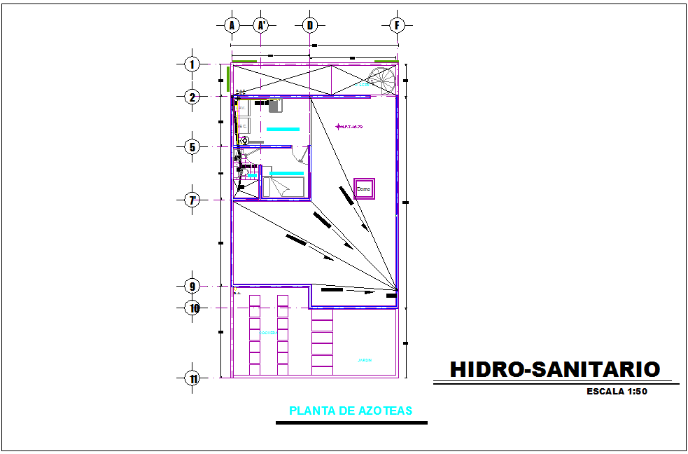 Roof plan with hydraulic line view for house dwg file