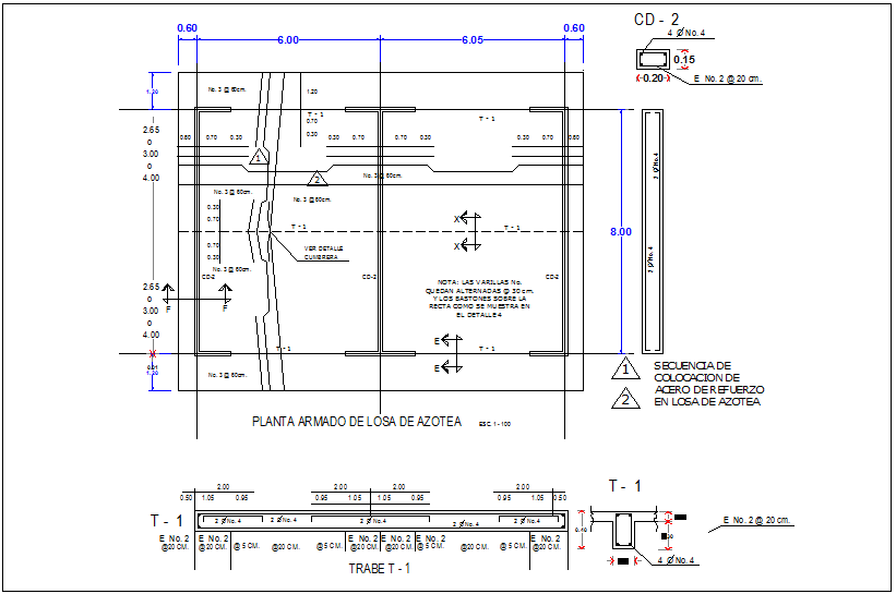 Roof plan with slab construction view of classroom project dwg file