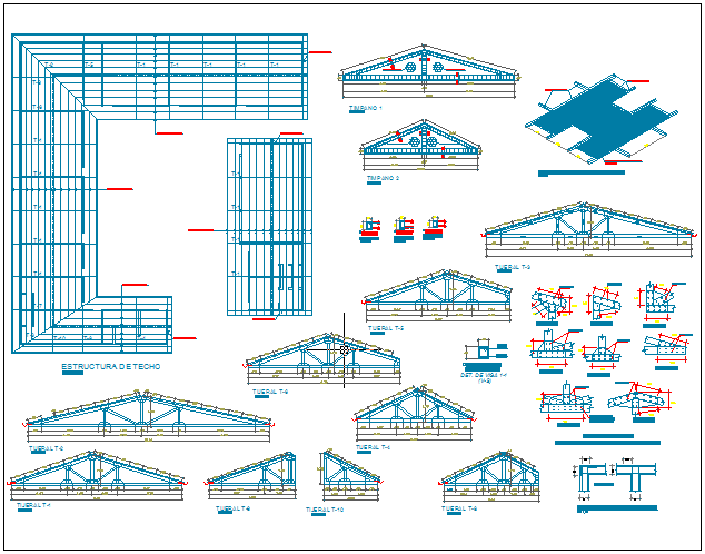 Roof plan with steel structural detail and section view dwg file