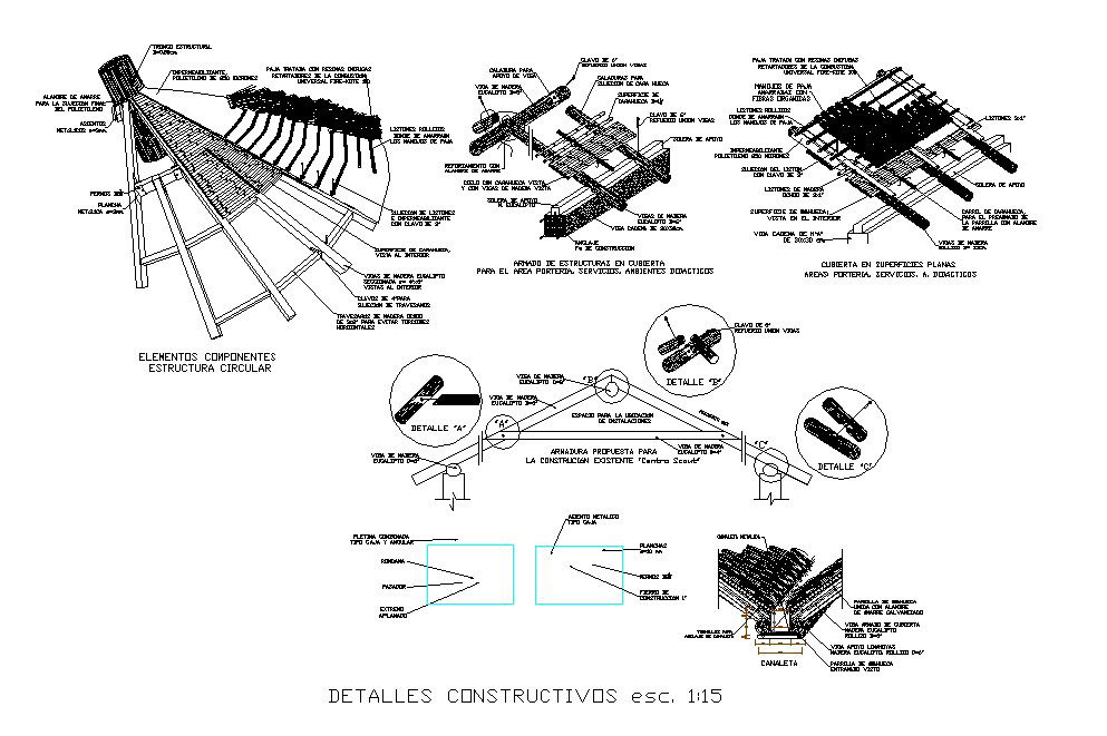 Roof section and constructive structure cad drawing details dwg file