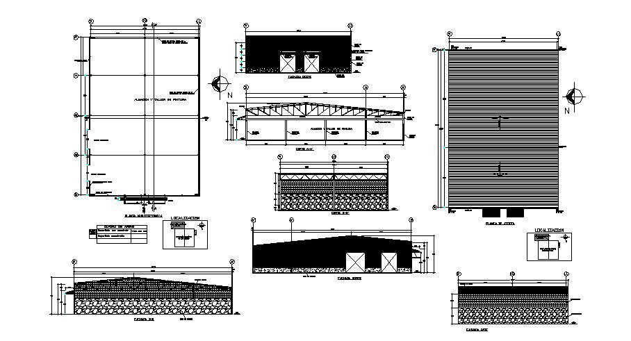 Roof section and plan details of industrial plant dwg file
