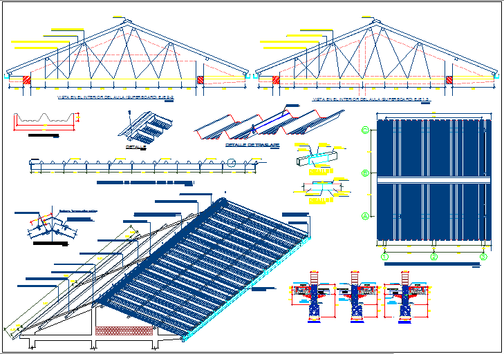Roof structure and beam column plan elevation and section view detail dwg file