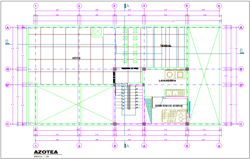 Roof top plan of family house with architecture view dwg file