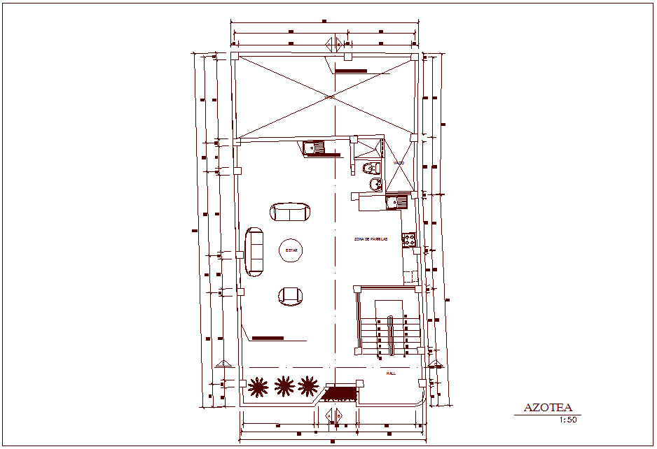 Roof top plan of family house with architecture view dwg file