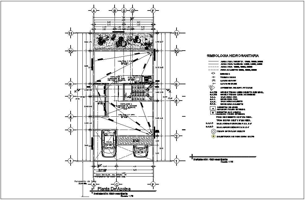 Roof top plan of house with hydraulic view with its legend dwg file