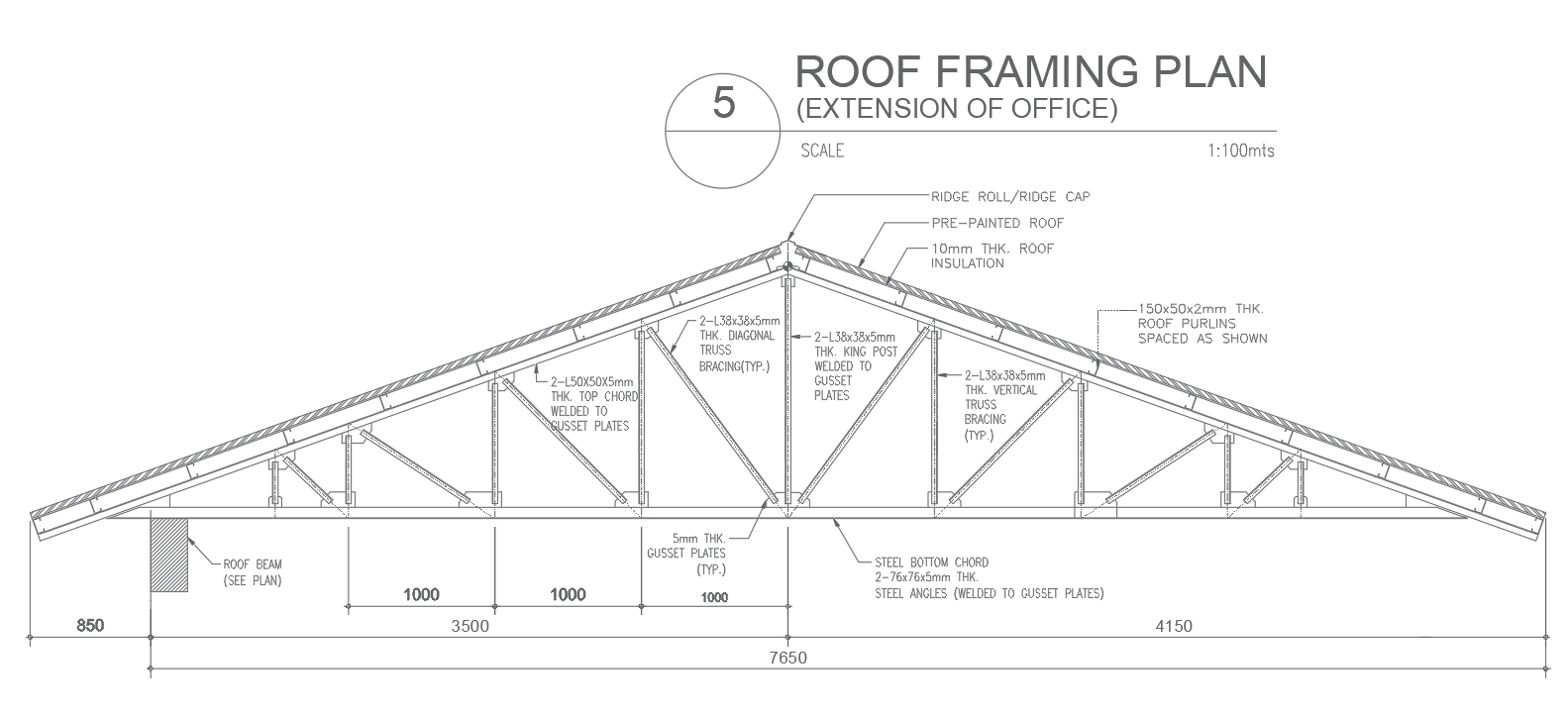Roof Framing Plan Details for Office Extension Drawing in DWG File