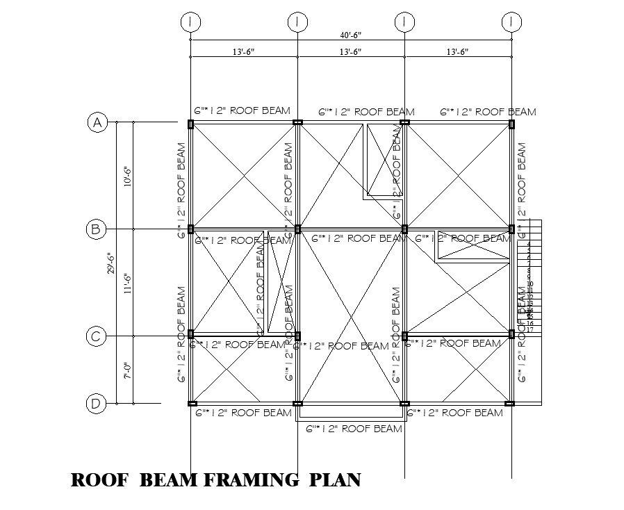 Roof beam framing of 40’x32’ house plan is given in this Autocad drawing file. Download now.