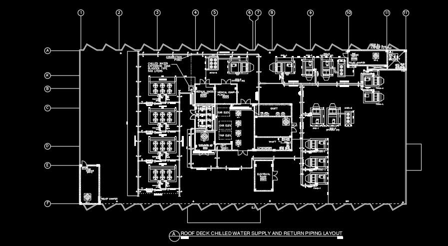 Roof deck chilled water supply and return piping layout AutoCAD drawing