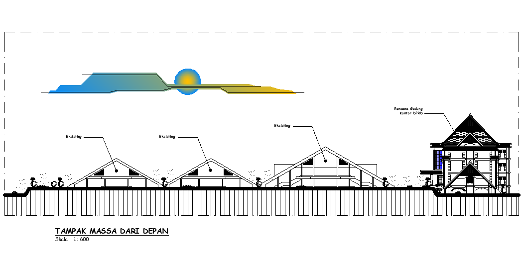 Roof elevation view of 64x18m office plan is given in this Autocad drawing file.Download now.