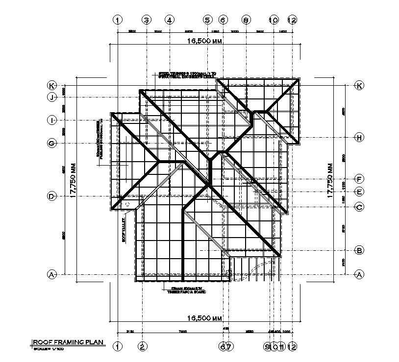 Roof framing plan of 15x17m house plan is given in this Autocad drawing file. Download now.