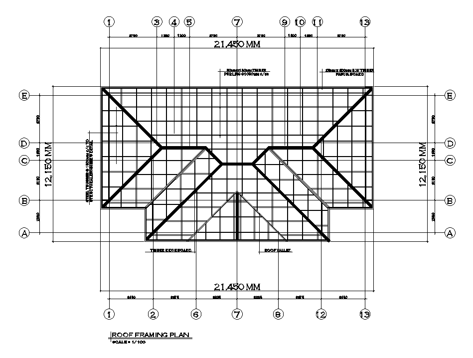 Roof framing plan of 20x11m twin house plan is given in this Autocad drawing file.Download now.