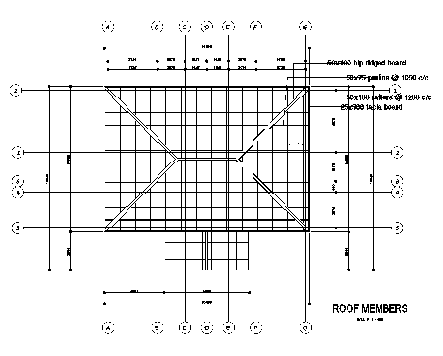 Roof member of 15x14m duplex house plan is given in this Autocad drawing model.