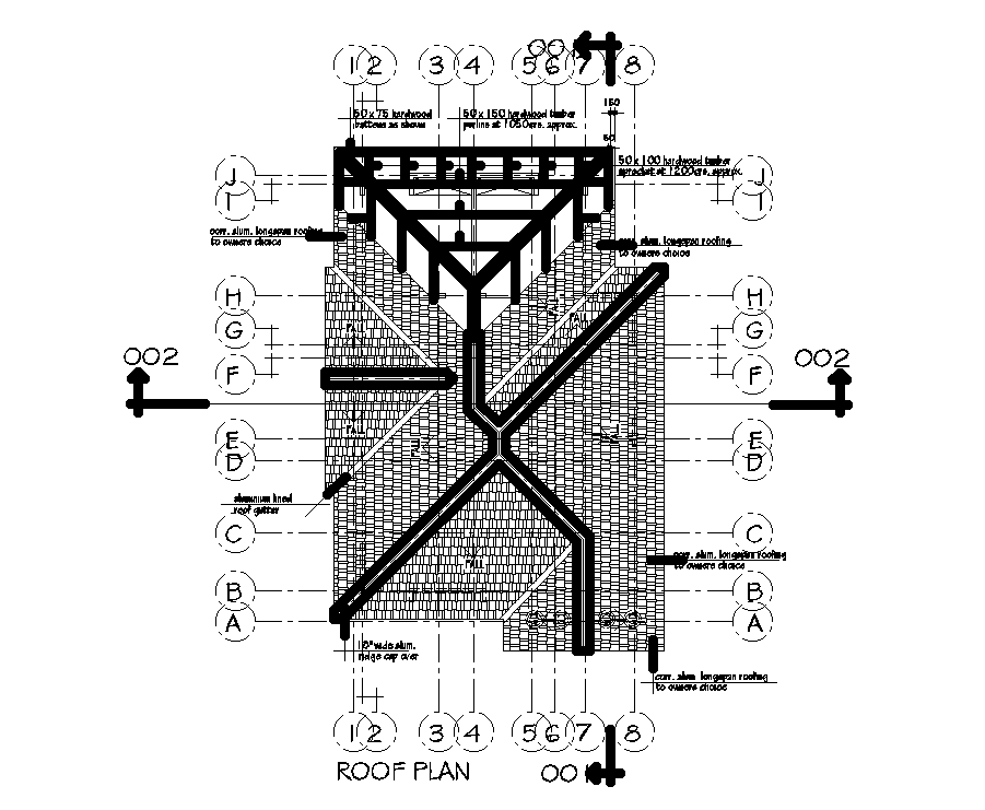 Roof plan of 10x15m house plan is given in this Autocad drawing file. Download now.