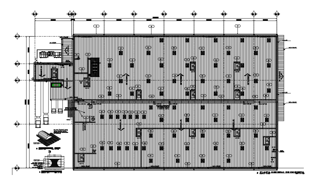 Roof plan of 112x62m super market is given in this Autocad drawing file. Download now.