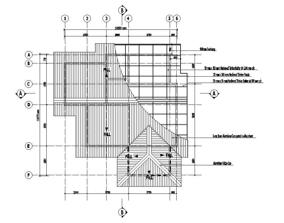 Roof plan of 11x11m house plan is given in this Autocad drawing file. Download now.