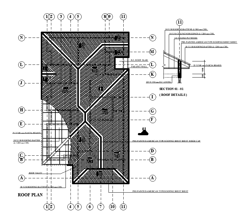 Roof plan of 11x20m residential house plan is given in this Autocad drawing file. Download now.