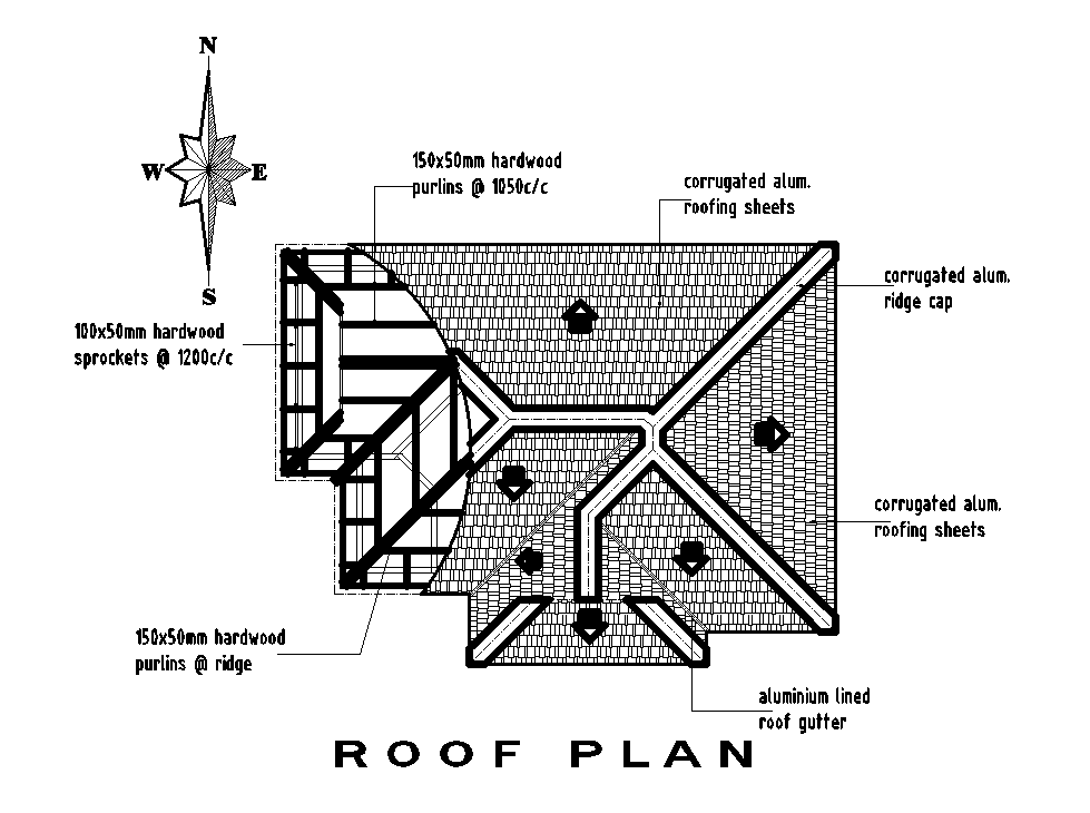 Roof plan of 14x16m house plan is given in this Autocad drawing file. Download now.