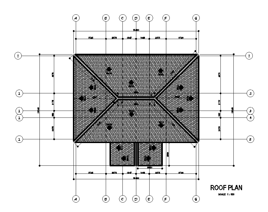 Roof plan of 15x14m duplex house plan is given in this Autocad drawing model. Download now.
