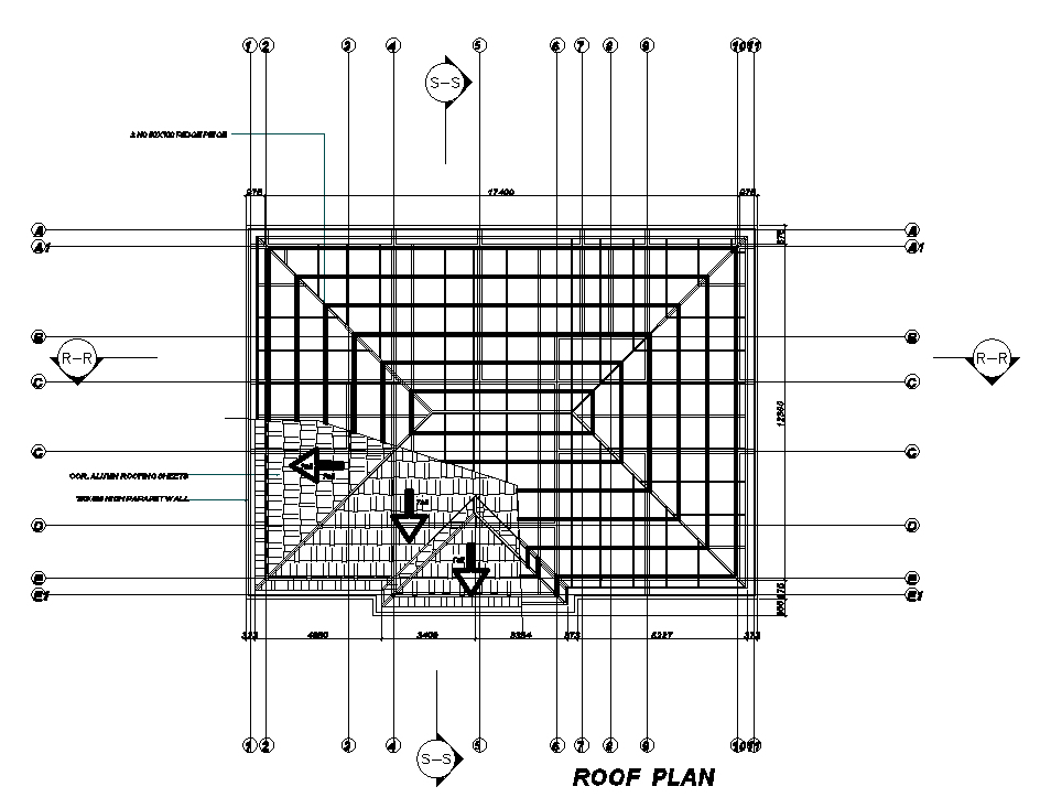Roof plan of 18x14m house plan is given in this Autocad drawing file. Download now.