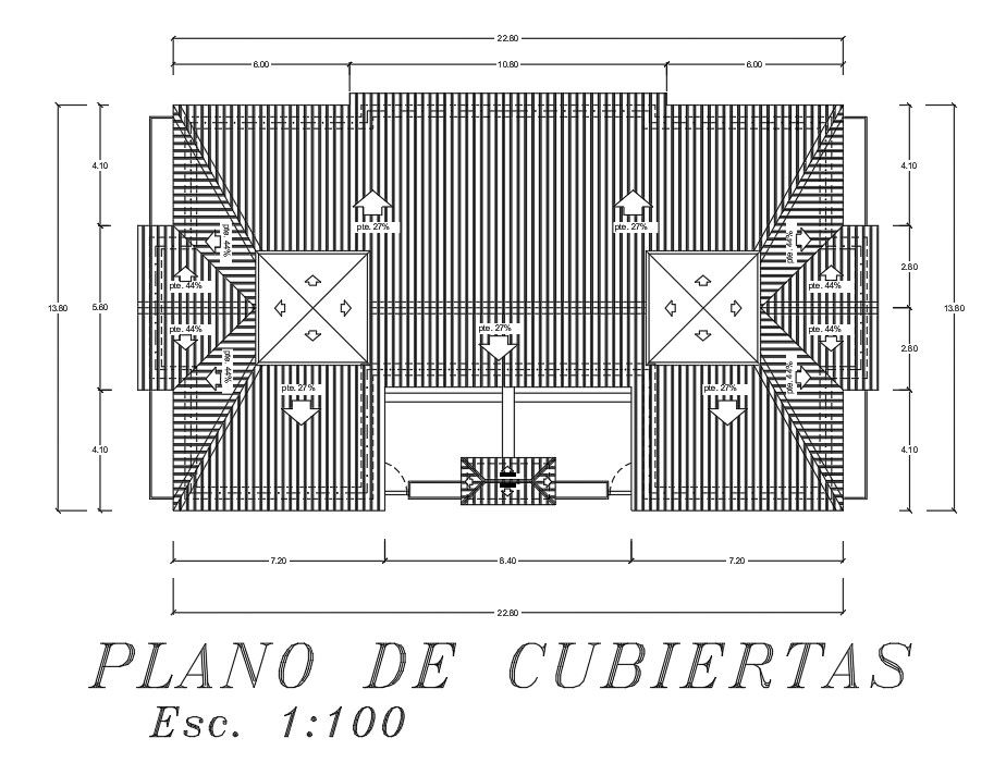 Roof plan of 24x13m twin house plan is given in this Autocad drawing file. Download now.