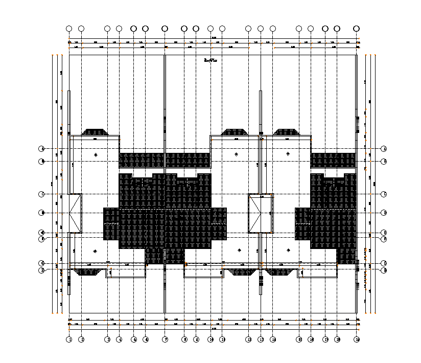 Roof plan of 30x26m triple duplex house plan is given in this Autocad drawing file. Download now.