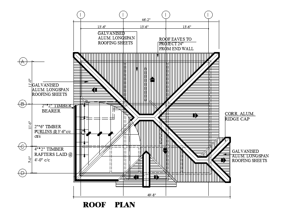 Roof plan of 40’x32’ house plan is given in this Autocad drawing file. Download now.